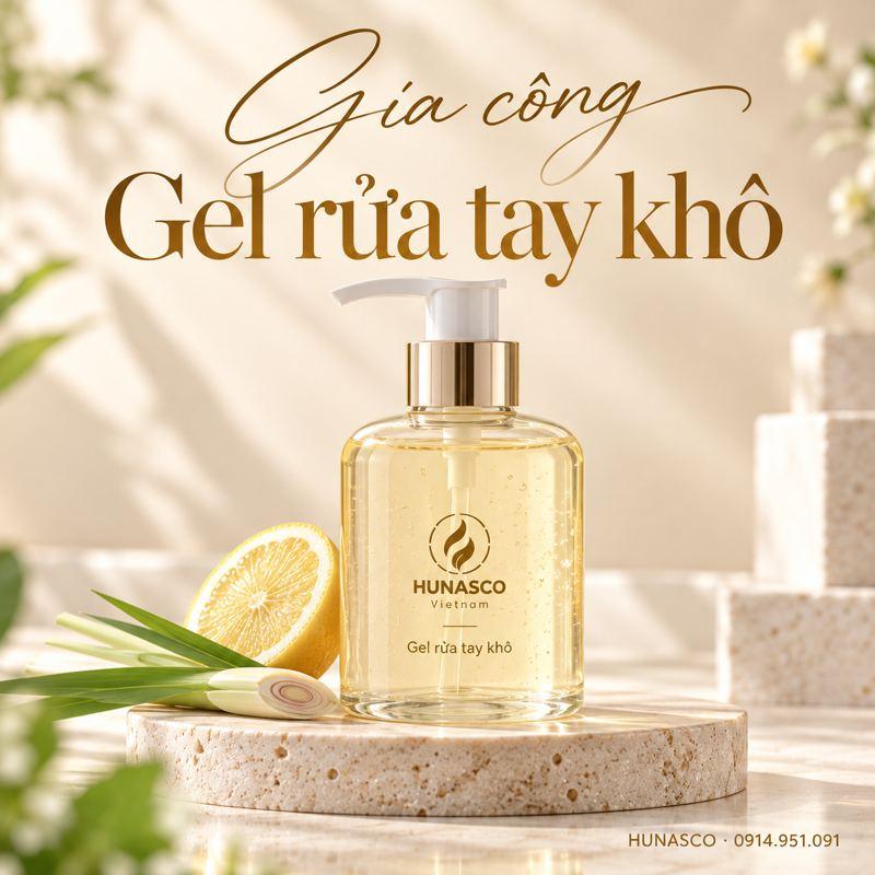 Gia công gel rửa tay khô thảo dược tại nhà máy Hunasco