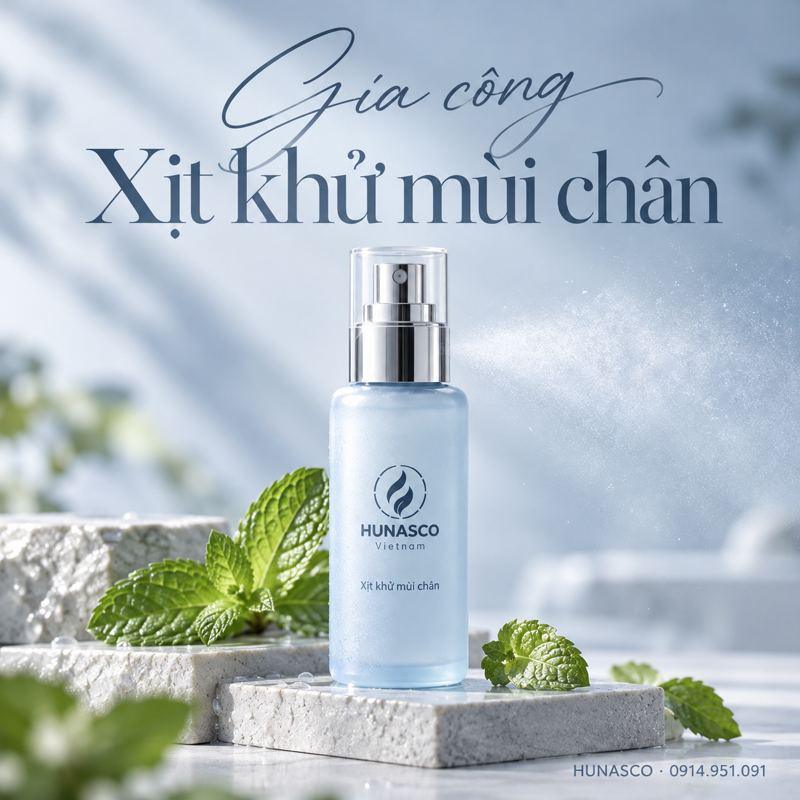 Gia công xịt khử mùi hôi chân thảo dược tại nhà máy Hunasco
