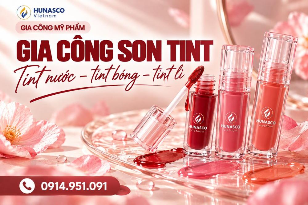 Bộ son tint nước, tint bóng, tint lì tông hồng đỏ gia công tại Hunasco